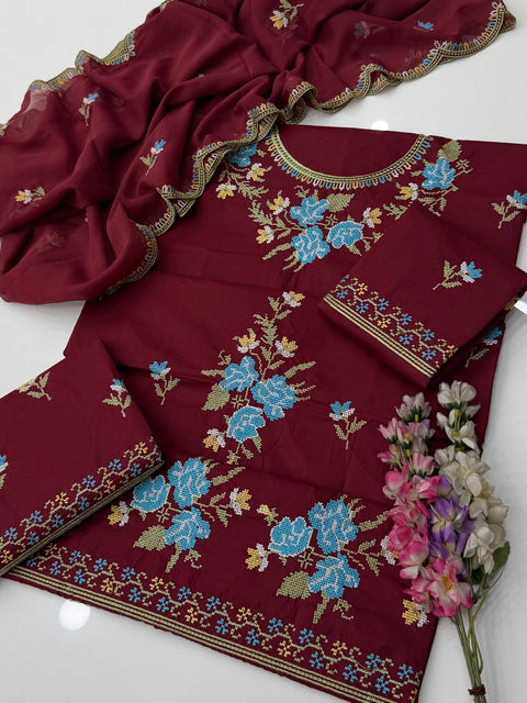 💕 Beautiful Handmade Style Cross Stitch Embroidery 3 Pc Dress 👗