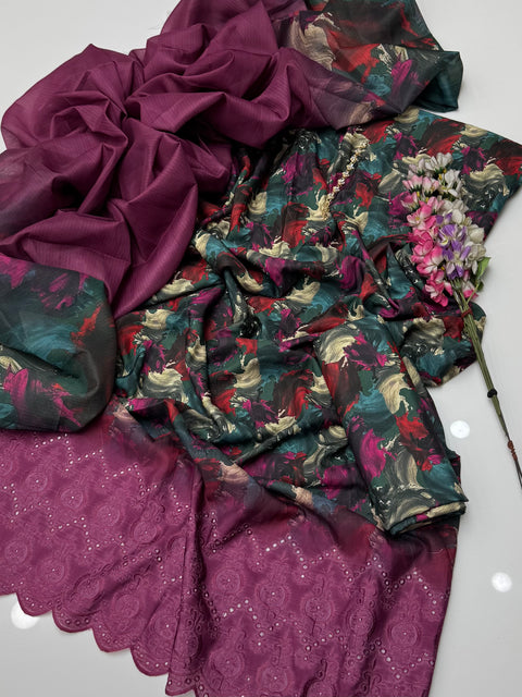 Shiffile Chikankari Embroidery 🧵 Viscous Bana Dora Digital Print 3 Pc
