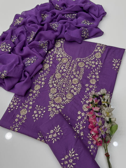 Handmade LCD Goota Kinari Embroidery 🧵 Pure Lawn 3 Pc 👗