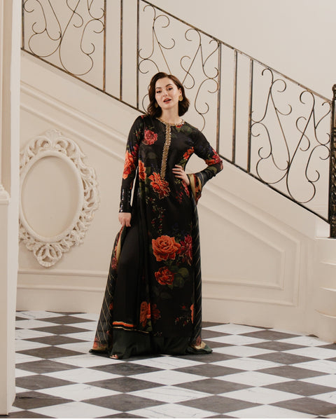 Handwork Embroidery Neck Digital Printed Shamooz Silk 3 PC Dress 👗