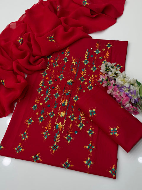 💕 Handmade Traditional Multi Pakka Tanka Thread Embroidery 🧵 Pure Lawn 3 Pc Dress 👗