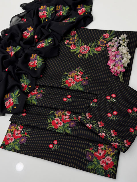 💕 Beautiful Handmade Style Cross Stitch Embroidery 🧵 & Sequence Work Lawn 3 Pc Dress 👗