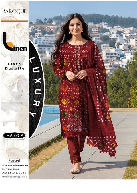 Shiffile Chikankari Embroidery Digital Printed Linen 3 PC Dress 👗