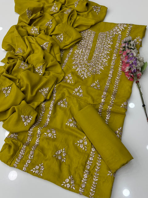 Handmade LCD Goota Kinari Embroidery 🧵 Linen 3 Pc Dress 👗