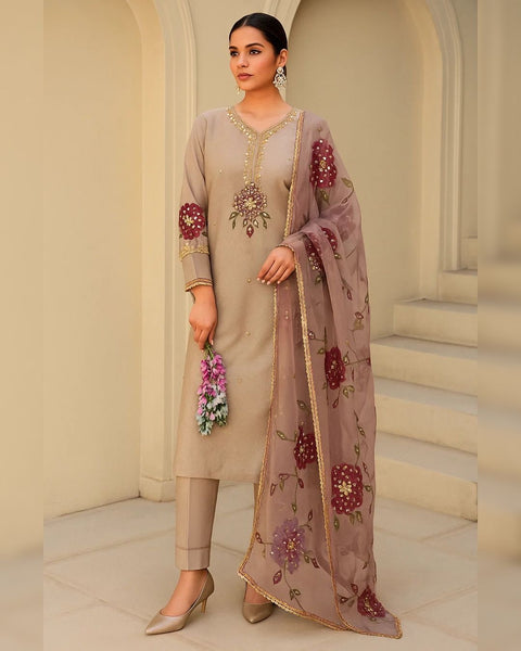 Handwork Stones And Beads Work Oil Painted 🎨 Organza 2 Pc Dress 👗