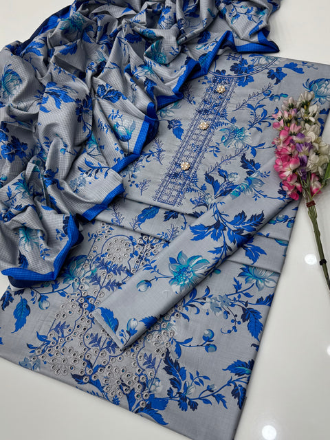 Shiffile Chikankari Embroidery Digital Printed Linen 3 PC Dress 👗