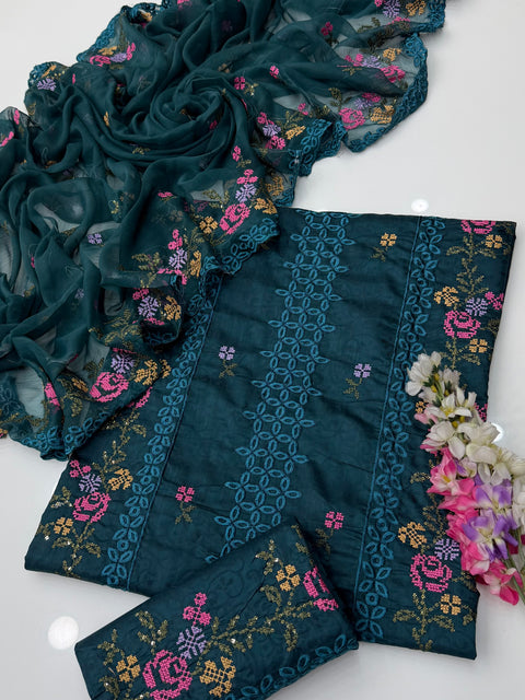 💕 Chikankari & Cross Stitch Sequence Embroidery 🧵 Viscose 3 PC Dress 🔥