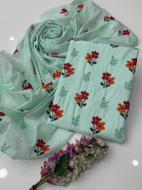 Beautiful Cross Stitch Embroidery 🧵 With Chikankati Boring Work Paper Cotton 2 Pc Dress 👗