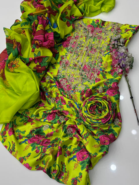 💕 Digital Printed Shamooz Silk Embroidered Galla 3 PC Dress 👗