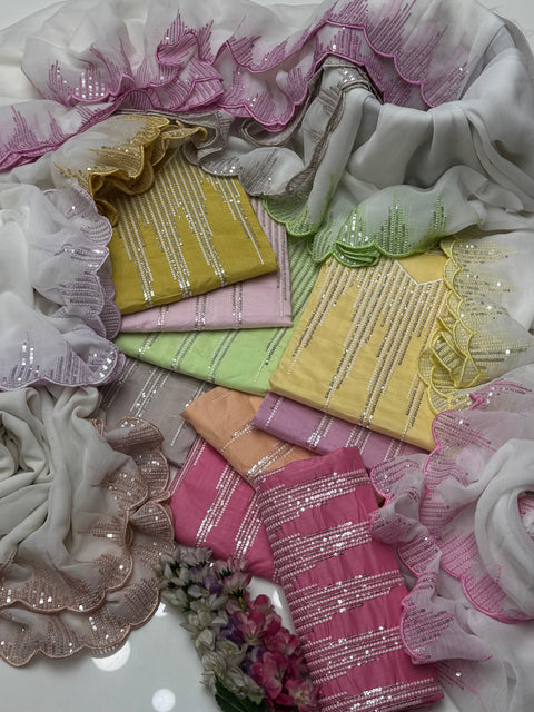 Beautiful And Elegant Fancy Sequence Embroidery 🧵 Viscous Silk 3 PC 👗