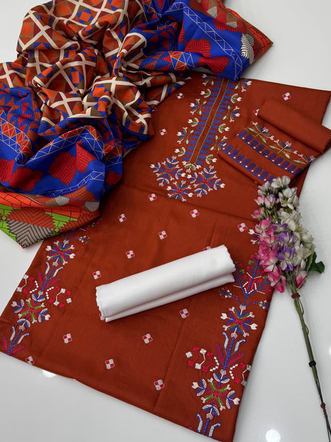 Branded Hit Codes Boutique Style Embroidered Soft Khaddar & Dhanak 3 PC Dress 👗