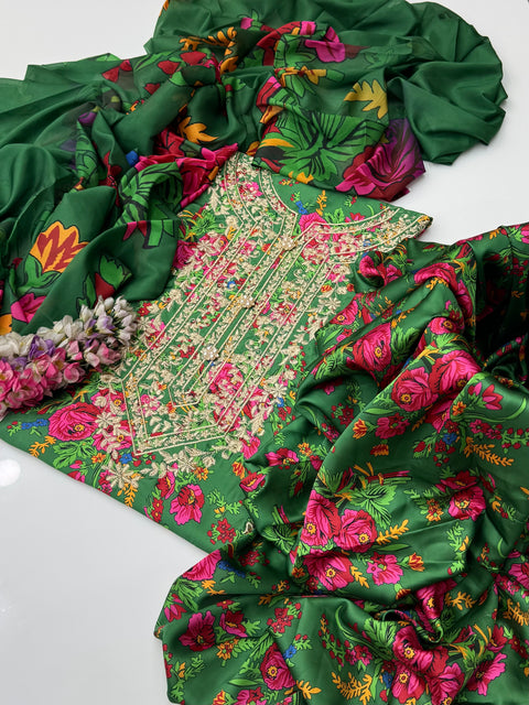 💕 Digital Printed Shamooz Silk Embroidered Galla 3 PC Dress 👗