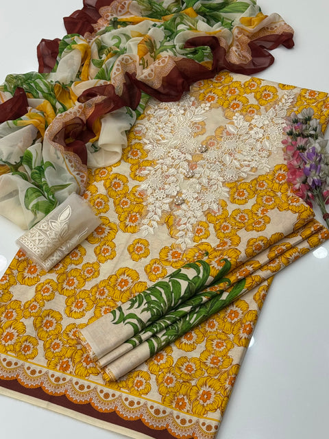 💕 Branded Luxury Pure Lawn With Embroidered Patches 3 Pc 👗