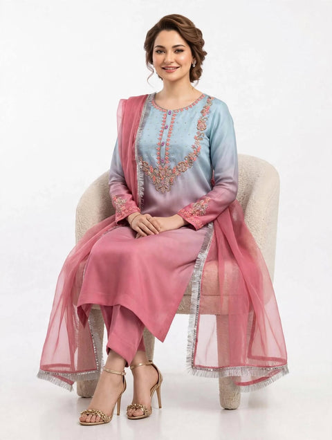 💕 #TRENDING #HANDWORK OMBRE PRINT SILK 3 PC 💕