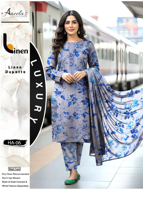 Shiffile Chikankari Embroidery Digital Printed Linen 3 PC Dress 👗