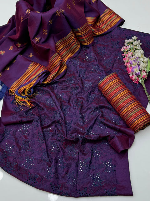 Beautiful Shiffile Chikankari Boring Work Embroidery Soosi 3 Pc Dress