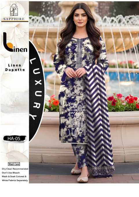 Shiffile Chikankari Embroidery Digital Printed Linen 3 PC Dress 👗