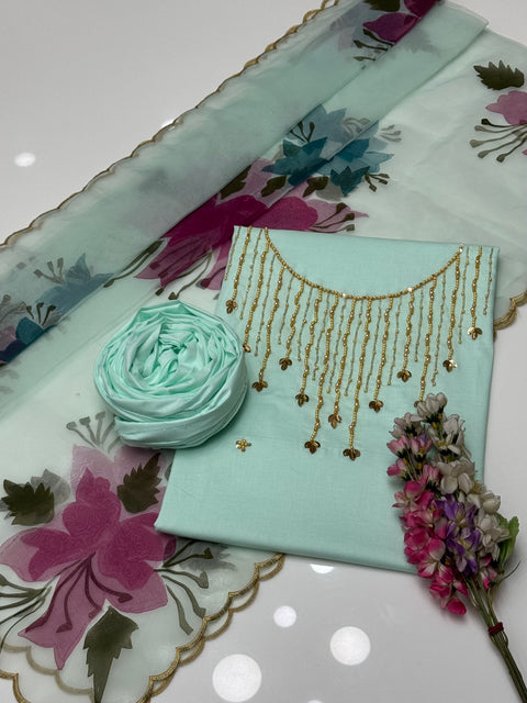 💕 Beautiful Handwork Stones And Beads Work Pure Lawn Painted Duppata 3 Pc 👗