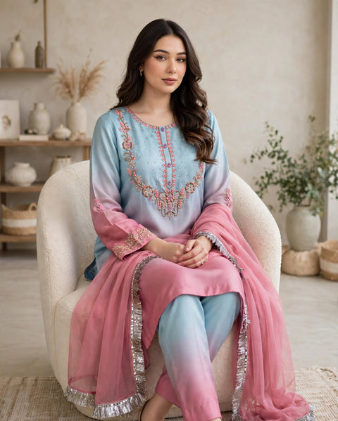 💕 #TRENDING #HANDWORK OMBRE PRINT SILK 3 PC 💕