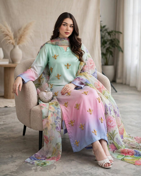 💕 #MOST #VIRAL OMBRE BEADS WORK SILK 3 PC Dress 👗