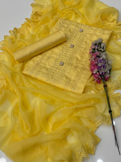 Shiffile Boring Chikankari Embroidery 🧵 Self Jacquard Viscous Silk 3 Pc