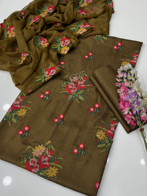 Unique Handmade Style Cross Stitch And Sequence Embroidery 3 Pc Dress 👗
