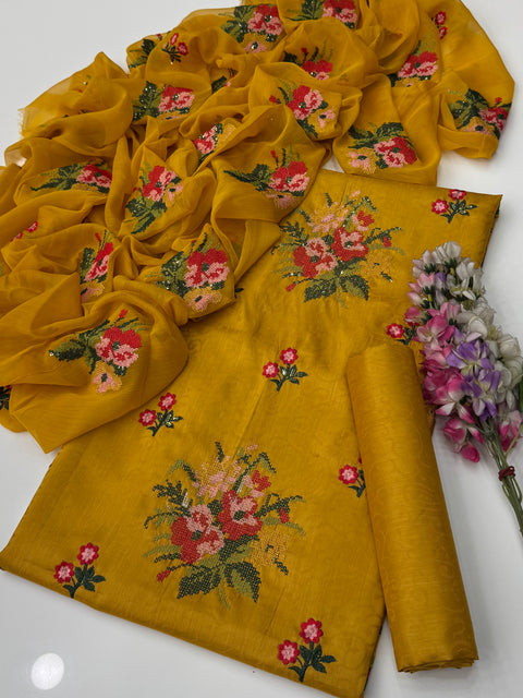 Unique Handmade Style Cross Stitch And Sequence Embroidery 3 Pc Dress 👗