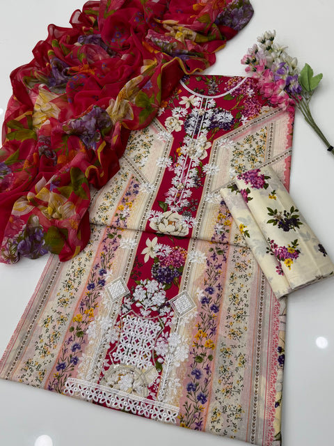 🔥 Beautiful Boutique Style Chikankari Embroidery 🧵 Digital Printed Pure Lawn 3 PC Dress 👗
