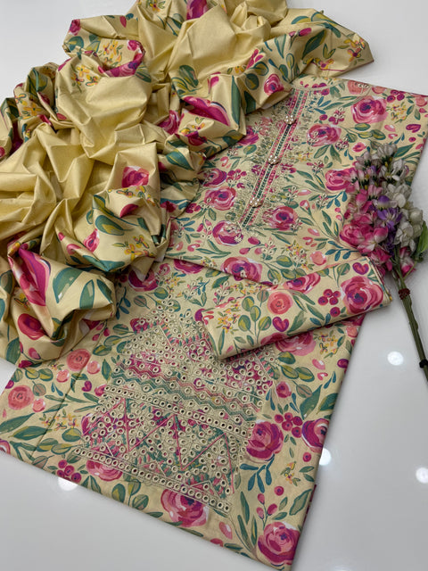 Shiffile Chikankari Embroidery Digital Printed Linen 3 PC Dress 👗