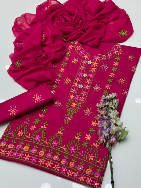 Handmade Pakka Tanka Multi Embroidery 🧵 With Sheesha Work Lawn 3 Pc Dress 👗