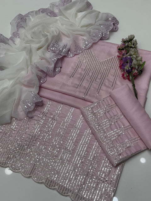 Fancy Sequence Embroidery 🧵 Viscous Silk 3 PC Dress 👗