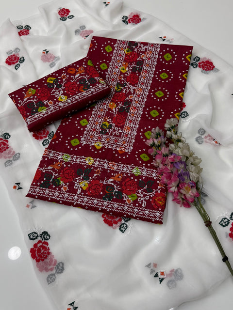 Beautiful Handmade Cross Stitch Embroidery 🧵 Chunri Print Lawn 3 PC Dress 👗