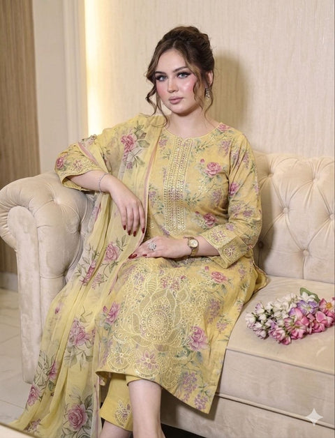🔥 Beautiful Boutique Style Chikankari Embroidery 🧵 Digital Printed Pure Lawn 3 PC Dress 👗