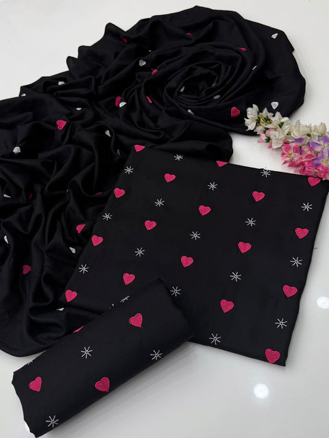 🖤 Heart Embroidery Overall Front Back Embroidered Dhanak 3 PC 🖤