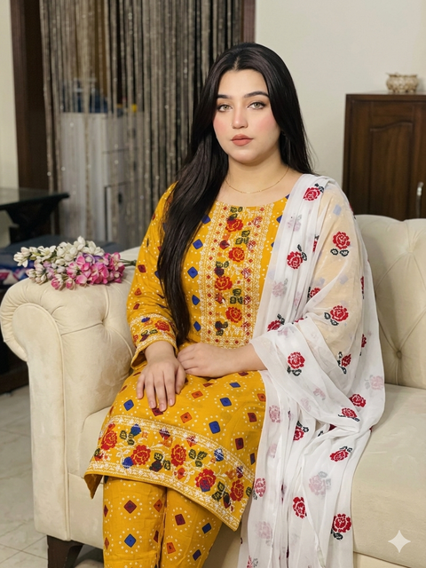 Beautiful Handmade Cross Stitch Embroidery 🧵 Chunri Print Lawn 3 PC Dress 👗