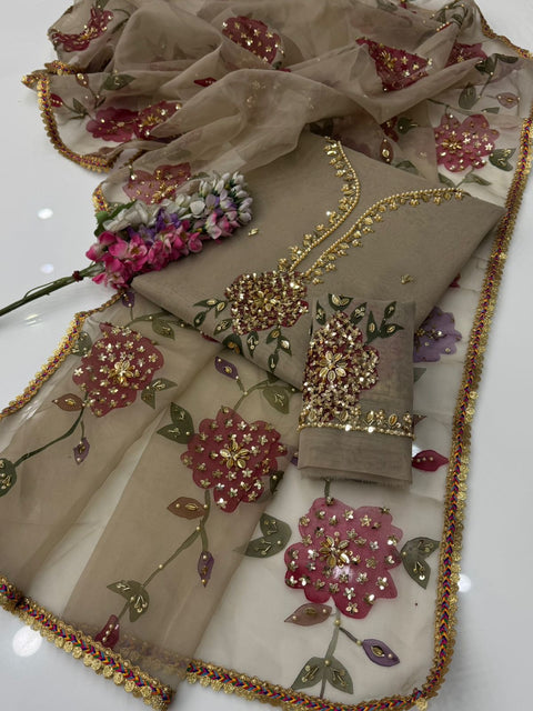 Handwork Stones And Beads Work Oil Painted 🎨 Organza 2 Pc Dress 👗