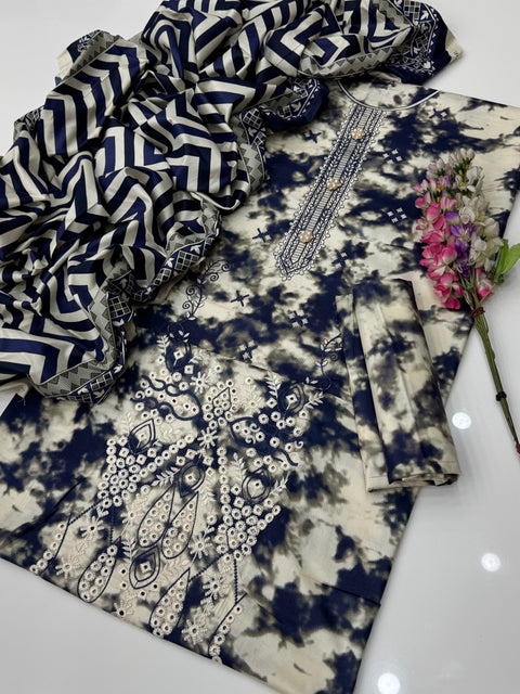 Shiffile Chikankari Embroidery Digital Printed Linen 3 PC Dress 👗