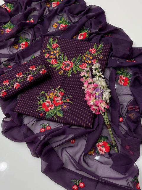 💕 Beautiful Handmade Style Cross Stitch Embroidery 🧵 & Sequence Work Lawn 3 Pc Dress 👗