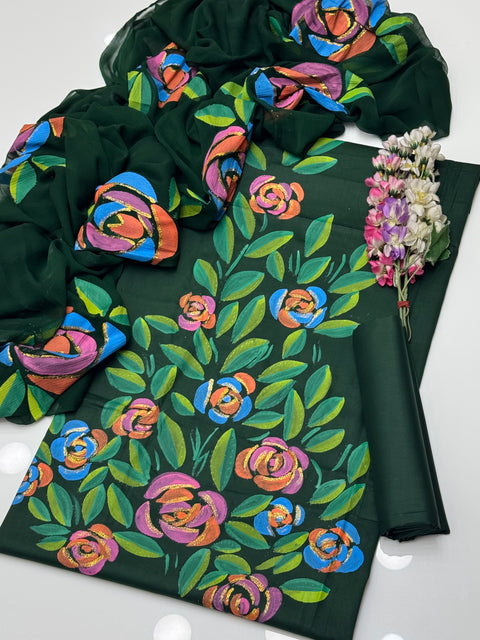 Beautiful Handmade Oil Painted 🎨 Pure Lawn With Chiffion Duppata 3 Pc Dress 👗