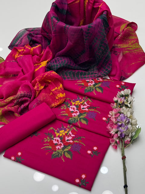 Tradional Cross Stitch Embroidery Lawn With Tye n Dye Duppata 3 Pc 👗