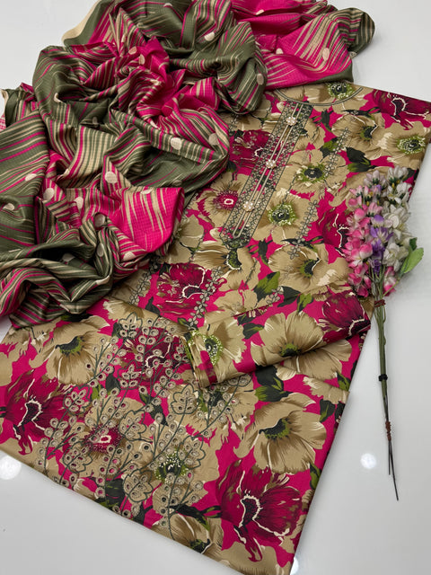 Shiffile Chikankari Embroidery Digital Printed Linen 3 PC Dress 👗