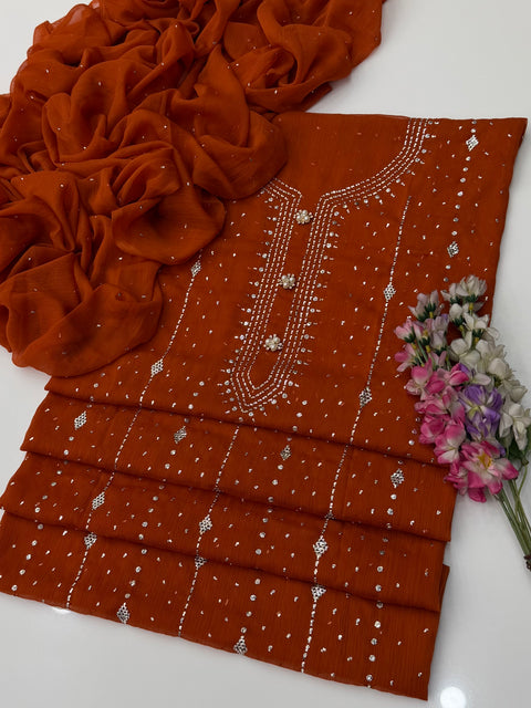 🔥 Beautiful Mukesh Kamdani Work Soft Bamber Chiffion 2 Pc Dress 👗