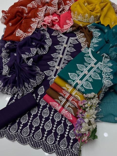 Fancy Sequence Embroidery 🧵 Cotton Lawn Cut Work 3 PC 👗
