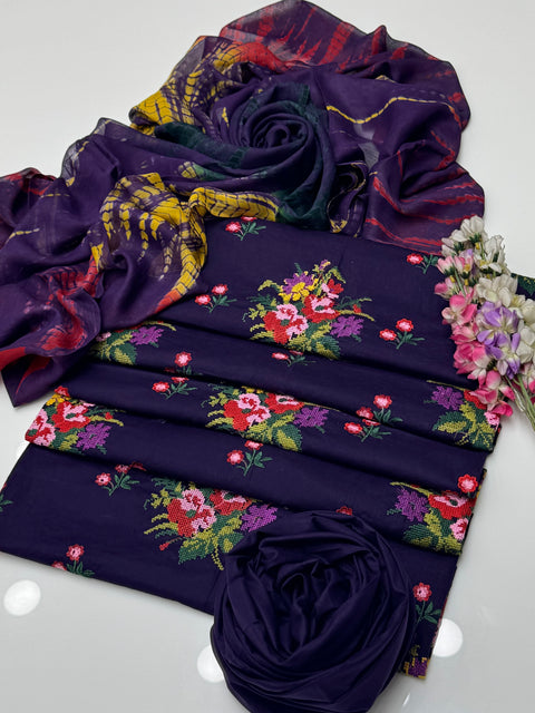 Tradional Cross Stitch Embroidery Lawn With Tye n Dye Duppata 3 Pc 👗