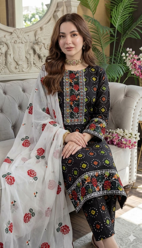 Beautiful Handmade Cross Stitch Embroidery 🧵 Chunri Print Lawn 3 PC Dress 👗