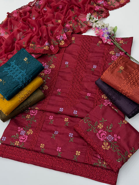 💕 Chikankari & Cross Stitch Sequence Embroidery 🧵 Viscose 3 PC Dress 🔥