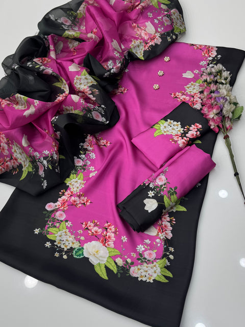 🔥 Branded Trending Printed Shamooz Silk 3 PC Dress 👗