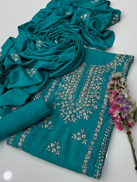Handmade LCD Goota Kinari Embroidery 🧵 Linen 3 Pc Dress 👗