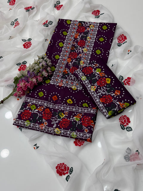 Beautiful Handmade Cross Stitch Embroidery 🧵 Chunri Print Lawn 3 PC Dress 👗