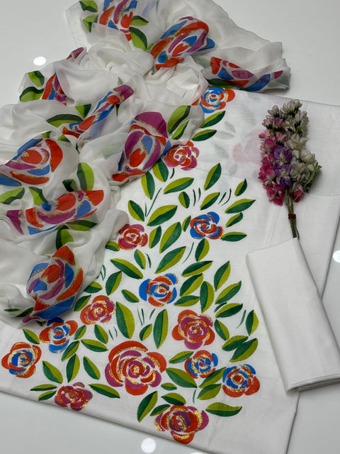 Beautiful Handmade Oil Painted 🎨 Pure Lawn With Chiffion Duppata 3 Pc Dress 👗